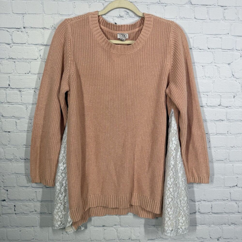 Logo by Lori Goldschmied Cable Knit Sweater Women Large Lace Asymetrical Tunic